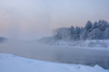Donmuş bir nehirle kış manzarası. Nehir karla kaplı.