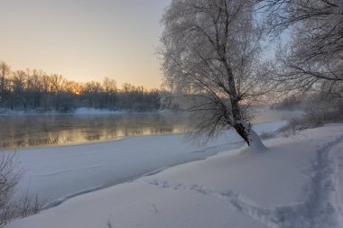 Parkta kış nehri gün batımında