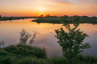 Nehirde gün batımı. Yazın nehir..