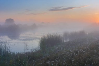 Sis ile birlikte gölde gün doğumu