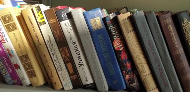 Книжные полки с зелеными книгами, красными книгами, синими книгами, стоящими в ряд на полке — стоковое видео