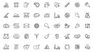 Line Style Meat Icon Set Featuring Çeşitli Et Ürünleri Biftek, Tavuk, Jambon, Sosis, Pastırma ve diğer Gıda Elementleri gibi. Temiz, Modern Taslak Simgeleri Yemek İçin Mükemmel