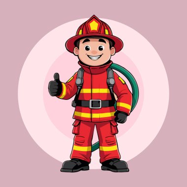 Miğferli ve Başparmak Hareketli Çizgi film Tam Vücut İtfaiyecisi Karakteri