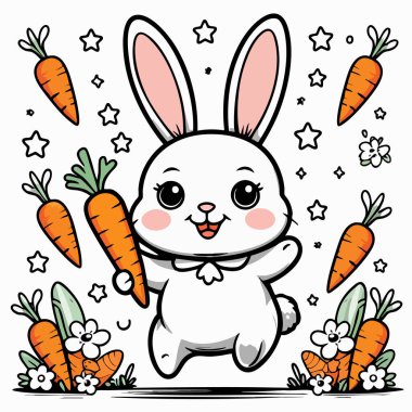 Çizgi film stili neşeli tavşan havuç ve yıldız süslemesi