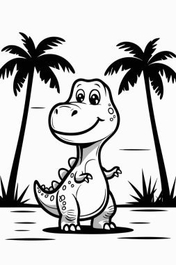 Palmiye Ağaçları Arkaplanlı Şirin Dinozor Çizgisi Sanatı