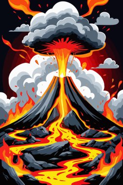 Akan Lavlar ve Kül Bulutları İllüstrasyonlu Patlayıcı Volkan Patlaması