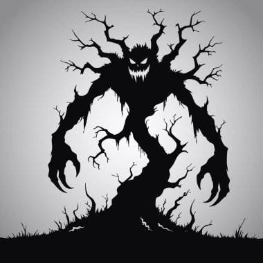 Korkunç Ağaç Canavarı Silueti Karanlık Fantezi Korku Çizimi