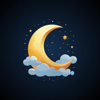 Bulutlu Hilal Ay ve Yıldızlar Gece Gökyüzü İllüstrasyonu