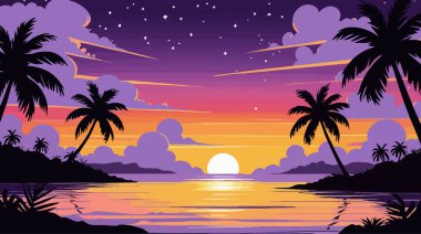 Palm Tree Siluetleriyle Tropik Günbatımı Sahil Manzarası