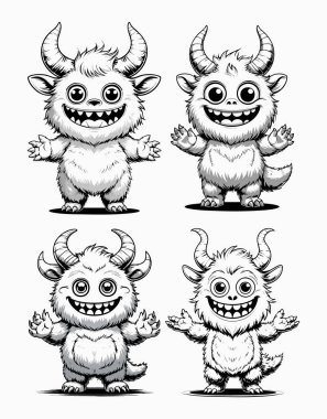 Şirin Boynuzlu Canavar Çizgisi Sanat Karakteri Siyah ve Beyaz
