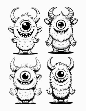 Sevimli Kiklops Canavar Çizgisi Sanat Karakteri Siyah ve Beyaz olarak Ayarlandı