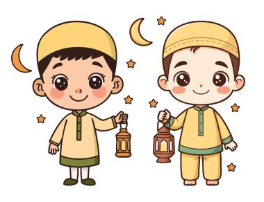 Ramazan Feneri İllüstrasyonu Tutan Sevimli Müslüman Erkekler