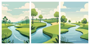 Huzurlu Nehir Manzarası Yeşil Çayırlarla Üçlü Çizim