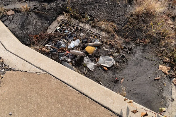 Mud and trash in a storm drain beside a clean sidewalk, pollution, horizontal aspect