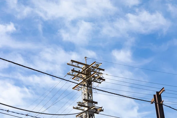 Top Old Metal Power Tower Cables Bright Blue Sky Copy — Stock Photo, Image