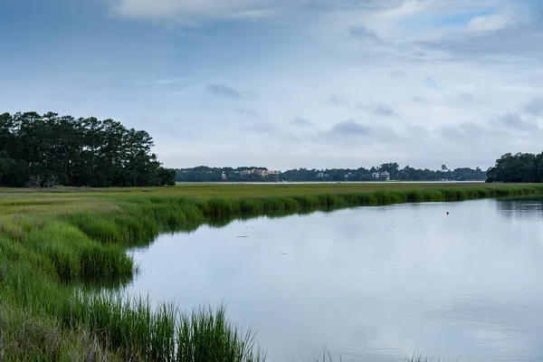 草の多い塩沼 木々や早朝の雲や反射を介して掃引水路 マウントプレザントサウスカロライナ州 水平面 — ストック写真