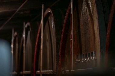 Geleneksel Calvados içki mahzeninde sıcak, kasvetli ışıklandırmalı büyük meşe fıçıları. Köy mahzeninde dizilmiş tahta fıçılar Calvados elma brendisinin olgunlaşma sürecini resmediyor..