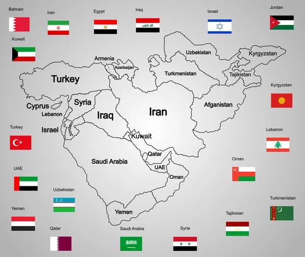 Carte vectorielle du Moyen-Orient ensemble d'états et de drapeaux. haute silhouette détaillée isolée sur fond blanc. Illustration de collection des pays du Moyen Orient. Asie icône des États du Moyen-Orient . — Image vectorielle