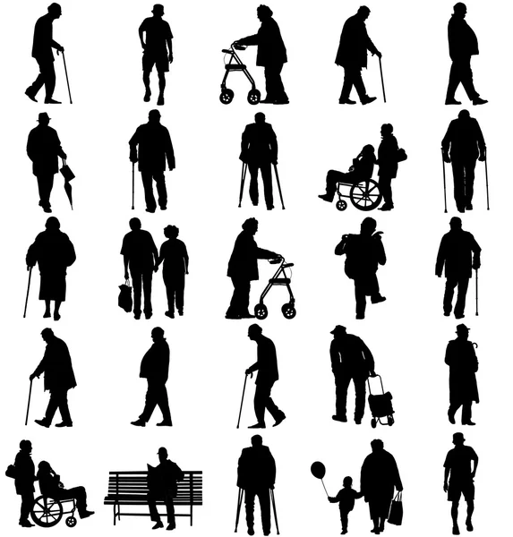 Las personas mayores maduran en muchas poses caminantes, vida activa casual. Personas ancianas caminando con palo. Caracteres vectoriales aislados sobre fondo blanco. Grupo de silueta vectorial abuelo y abuela . — Archivo Imágenes Vectoriales