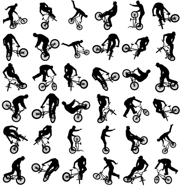 Bicicleta acrobacias silueta vectorial aislado sobre fondo blanco. Rendimiento en bicicleta. ejerciendo bmx figura acrobática . — Vector de stock