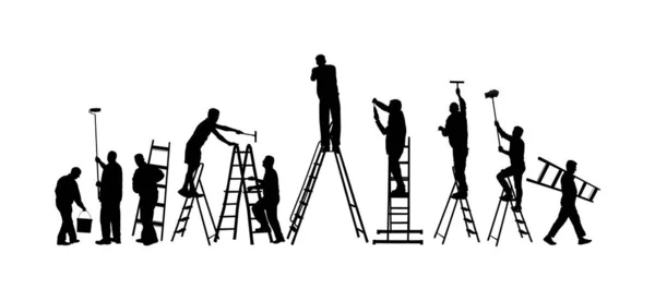 Trabajadores Del Pintor Silueta Vectorial Escalera Aislada Blanco Decoración Hombre — Vector de stock