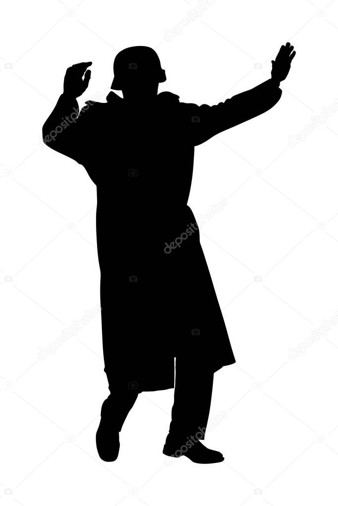 Germany soldier surrender with raised hands in height vector  silhouette. Occupier officer in battle defeated soldiers surrendering. WW2 warrior arrest in occupied Europe. Second world war