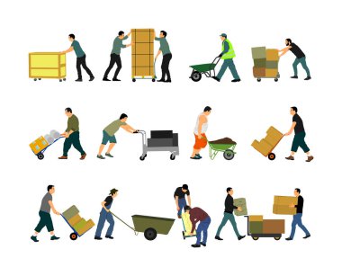 Teslimatçı kutular dolusu mal taşıyacak. Paketli postacı. Dağıtım deposu. Çocuk ağır yük taşıma servisi tutuyor. Becerikli adam harekete geçti. El arabasıyla ulaşım yöntemi