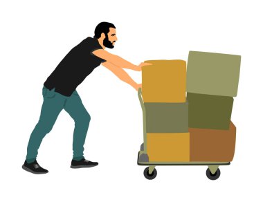 Teslimatçı, kutu kutu mal taşıyıcı illüstrasyon taşıyor. Paketli postacı. Dağıtım deposu. Taşıma hizmeti için ağır yük taşıyan bir çocuk. Becerikli adam harekete geçti. El arabası ile ulaşım..