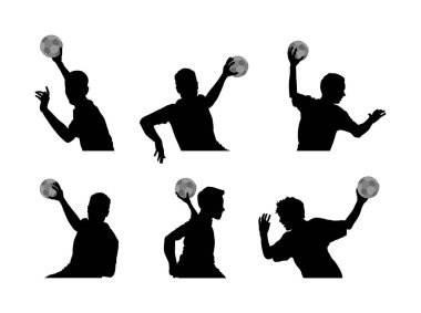 Hentbol oyuncusu aksiyon vektörü silüetinde. Zarif vücut sporu figürü, erkek siyah gölge. Dinamik sporcu atlayıp kalede penaltı atıyor. Sporcu hentbol hücum hedefi sıçrayışta kapandı.,