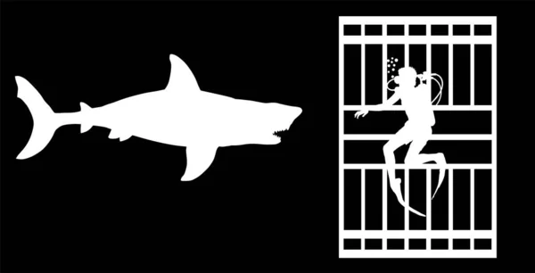 Diver Diving Cage Observing Great White Shark Vector Silhouette Isolated — Stock Vector