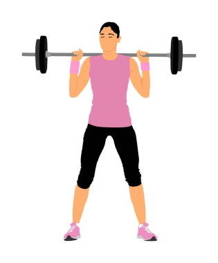 Spor vücut geliştiren, halter esneten ve spor salonu vektör illüstrasyonunda omuz presi yapan kadın. Halterci kız, vücut geliştirme eğitimi. Kişisel antrenör egzersizi. Formda bayan egzersizi