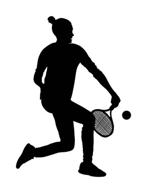 Kadın tenisçi vektör silueti beyaz arka planda izole edilmiş. Tenis gölgesi izole edildi. Dinlenme pozu. Kız tenis oynuyor. İşten sonra aktif kadın hobisi eğitimi. Anti-stres solucanı..