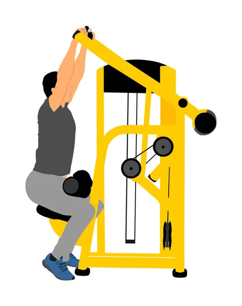 运动健美男子在健身房的健身机械病媒图解孤立 多功能体育器材 胳膊和肩膀的压力 蠕虫活动 — 图库矢量图片