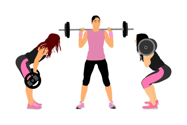 Sport bodybuilding woman with barbell flexing muscles and making shoulder press squat in gym vector illustration. Weightlifter girl, bodybuilder training. Personal trainer workout. Fit lady exercise