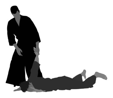 İki aikido avcı uçağı vektör çizimi arasındaki dövüş. Antrenman maçı. Savunma mahareti dövüşçüsü, egzersiz konsepti. Geleneksel savaşçılar.