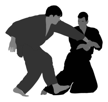 İki aikido avcı uçağı vektör çizimi arasındaki dövüş. Antrenman maçı. Savunma mahareti dövüşçüsü, egzersiz konsepti. Geleneksel savaşçılar.