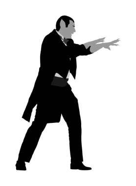 Vampir saldırısı vektör çizimi beyaza izole edildi. Tehlike Drakula saldırısı boyun ısırığına hazır olun. Cadılar Bayramı korkunç sahnesi. Şeytani şeytan. Korkunun sembolü ve gecenin kabusu..