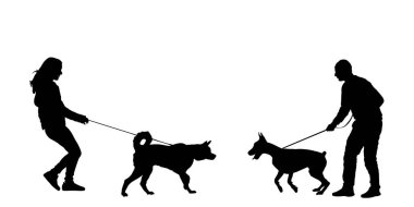 Sahibi kız ve köpek Husky, beyaz arka planda izole edilmiş doberman vektör silueti çizimi olan çocukla buluşuyor. Tasmalı kadın ve adam, açık havada evcil hayvan oynuyorlar. Arkadaş canlısı yaklaşım oyunu etkin