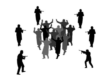 Tüfekli askerler düşmanı yendi ve teslim olmaya zorladı. Savaşçılar savaştan sonra tutuklanıyor. Askerler ele geçirildi ve el kaldırıldı. Yükseklik vektör silüeti çizimi..