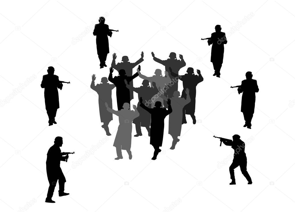 Soldiers with rifle defeated enemy and forced them to surrender. Warriors arrest in war action after battle. Soldiers captured and surrender with raised hands in height vector silhouette illustration.