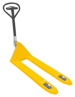 El paleti kamyon vektör çizimi beyaz arka planda izole. Malların taşınması için depo ekipmanları. Karton kutular dağıtımı için palet kriko ve yığın.