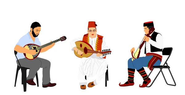 Grieks Turks Balkan Folklore Muziek Trio Bouzouki Speler Oosterse Balgama — Stockvector