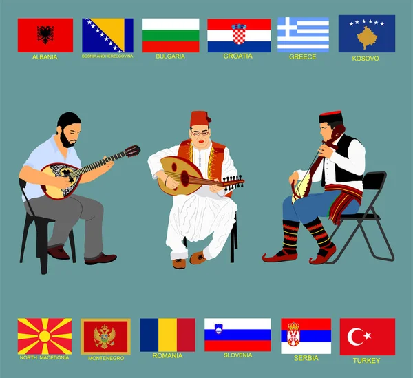 Folklór Hudební Trio Řecké Turecké Srbské Hudebnice Guslar Gusle Nástroje — Stockový vektor