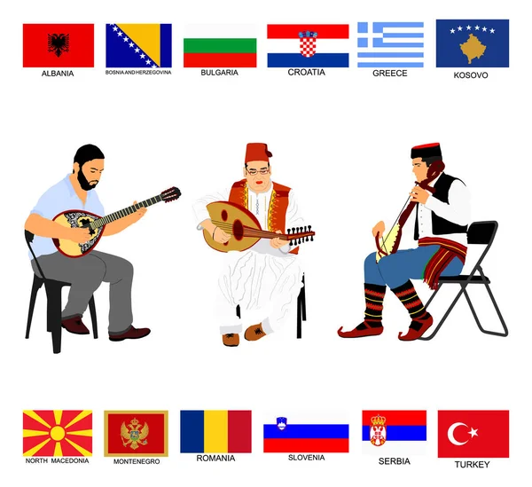 Folklór Hudební Trio Řecké Turecké Srbské Hudebnice Guslar Gusle Nástroje — Stockový vektor