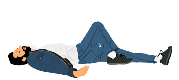 Homeless man sleeping on street in park vector. Migrant resting on ground. Social crises. Refugee boy sleep. Unconscious collapsed man laying down. Tired boy rest outdoor in park. — Stock Illustration Homeless Man Sleeping Street Park Vector Migrant Resting Ground Social Stock Vector