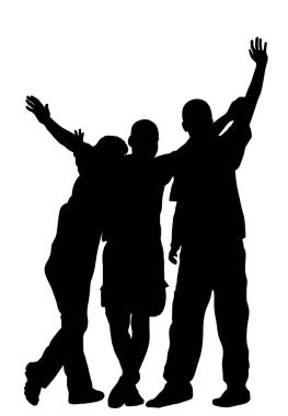 Embracing student friends waving hands vector silhouette illustration isolated. Happy boys and girls tourists hand wave saying hi. Send off sign kind people. Young people enjoy in summer travel. 