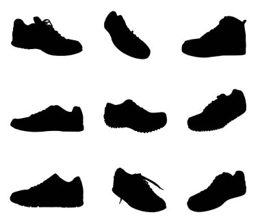 Beyaz arkaplanda izole edilmiş spor ayakkabısı vektör silueti çizimi koleksiyonu. Spor ayakkabıları giyer. Modern ayak giyimi. Spor salonu ve açık hava aktiviteleri için şık ekipmanlar..