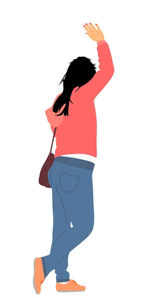 Back View Woman Waving Hand Greeting Vector Illustration Isolated White — Vector de stock