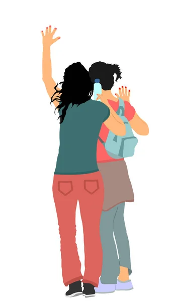 Happy Women Student Friends Waving Hands Vector Illustration Isolated White — 图库矢量图片