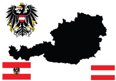 Avusturya haritası bayrağı, arma vektör silueti çizimi beyaza izole edilmiş. Burgenland, Carinthia, Lower, Yukarı Avusturya, Salzburg, Styria, Tyrol, Viyana, Voralberg. Amblem, ulusal bayrak